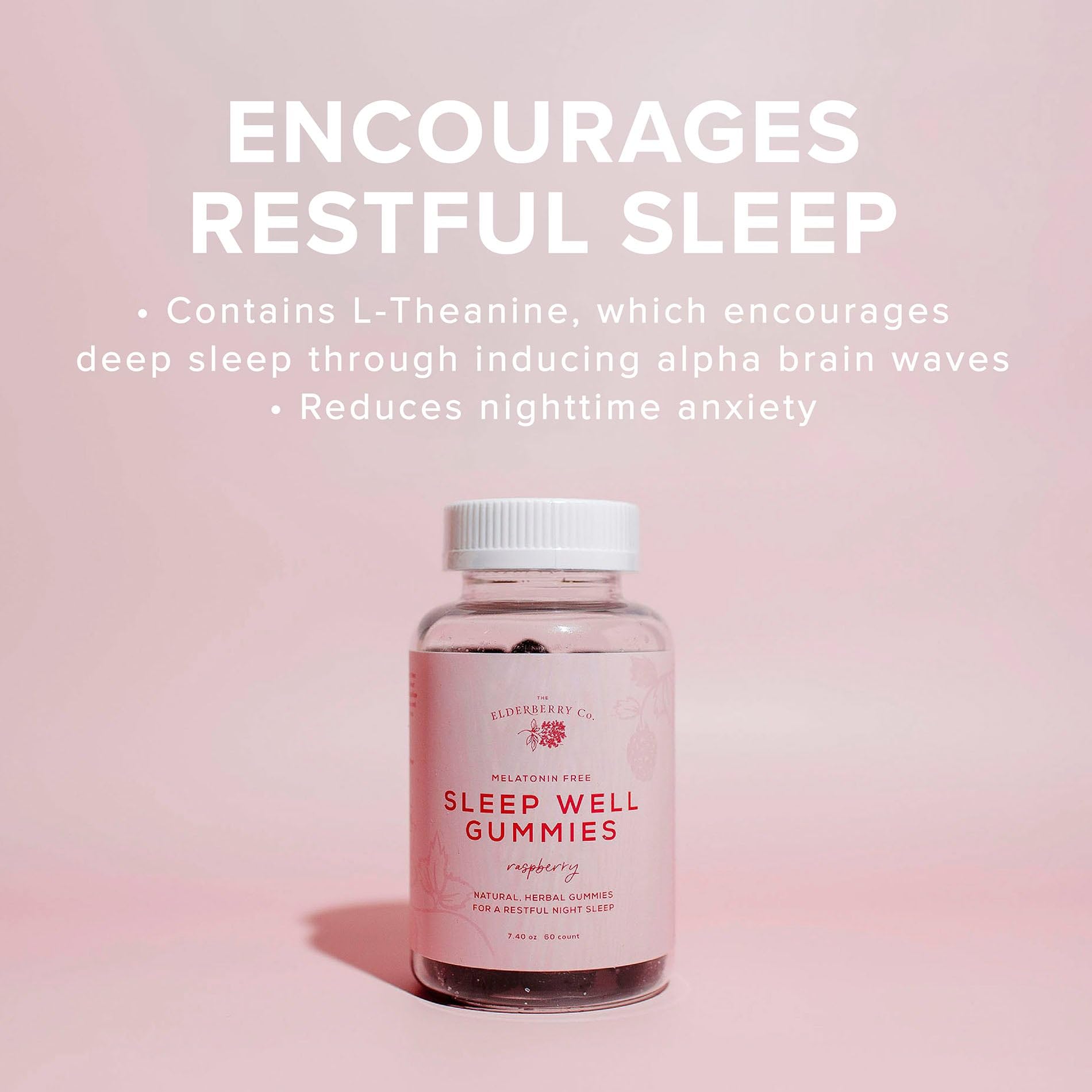 The Elderberry Co. Sleep Well Gummy close-up highlights calming ingredients.