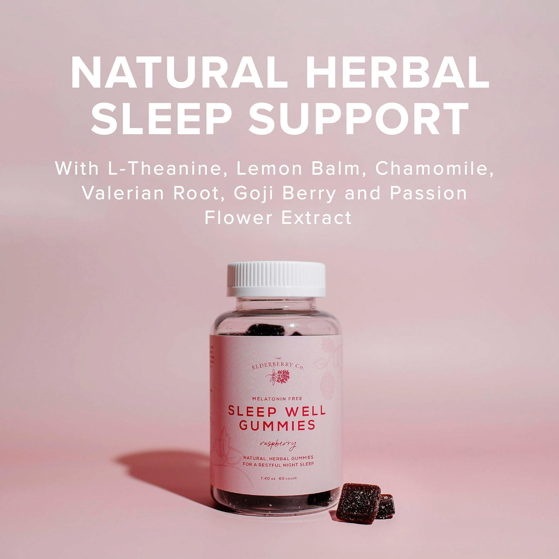 Serving image shows The Elderberry Co. Sleep Well gummies for nightly routines.
