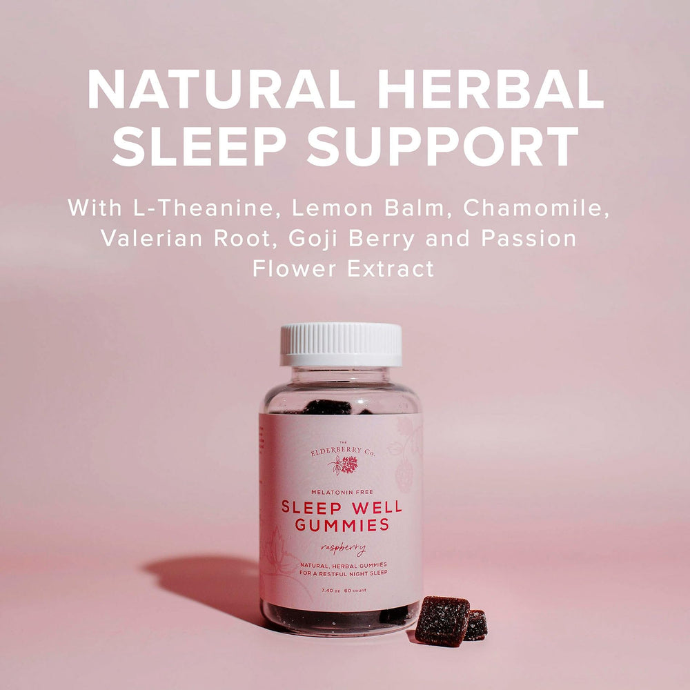 Serving image shows The Elderberry Co. Sleep Well gummies for nightly routines.