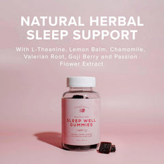 Serving image shows The Elderberry Co. Sleep Well gummies for nightly routines.