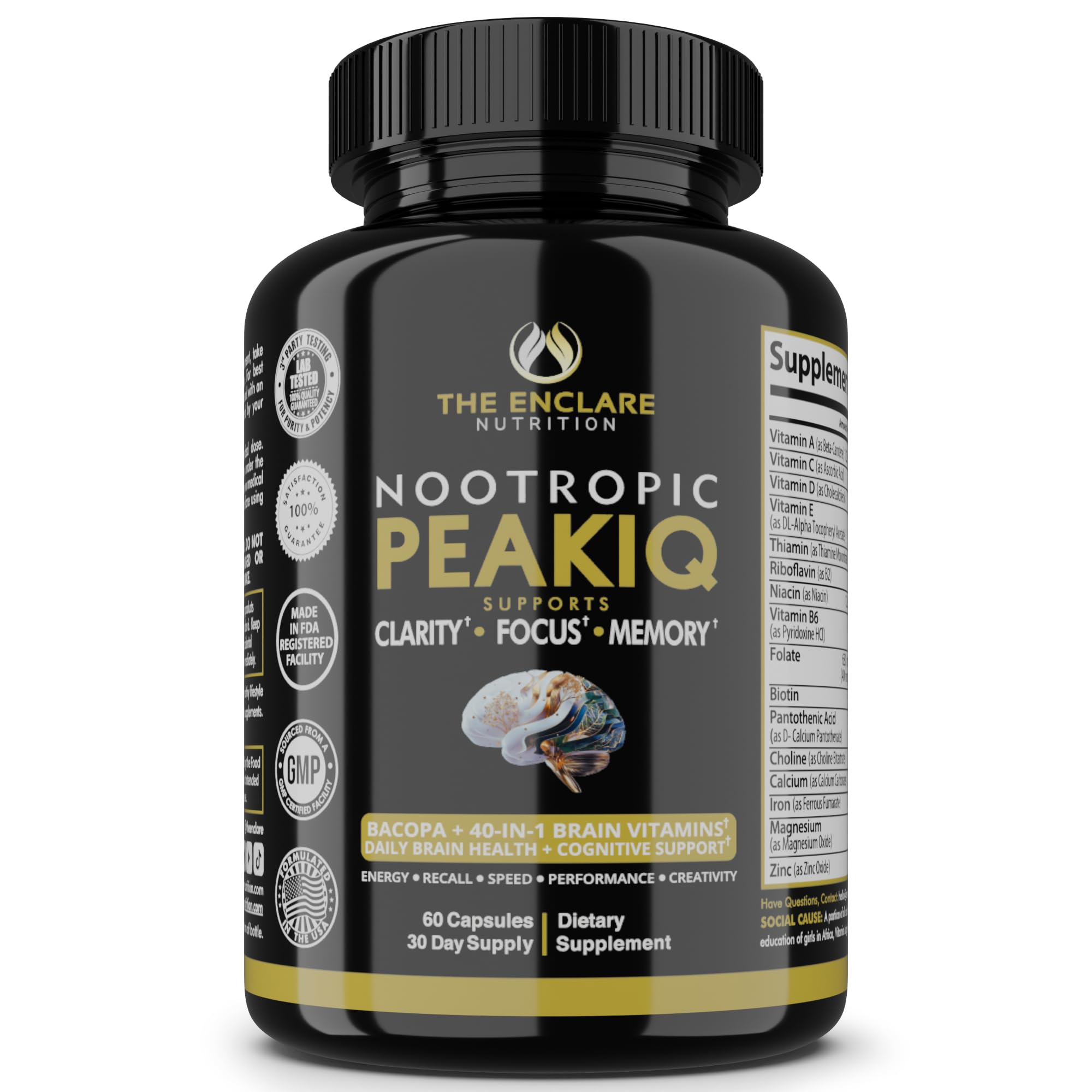 THE ENCLARE NUTRITION INTELLECT brain booster bottle showcases 40 nootropics supporting focus