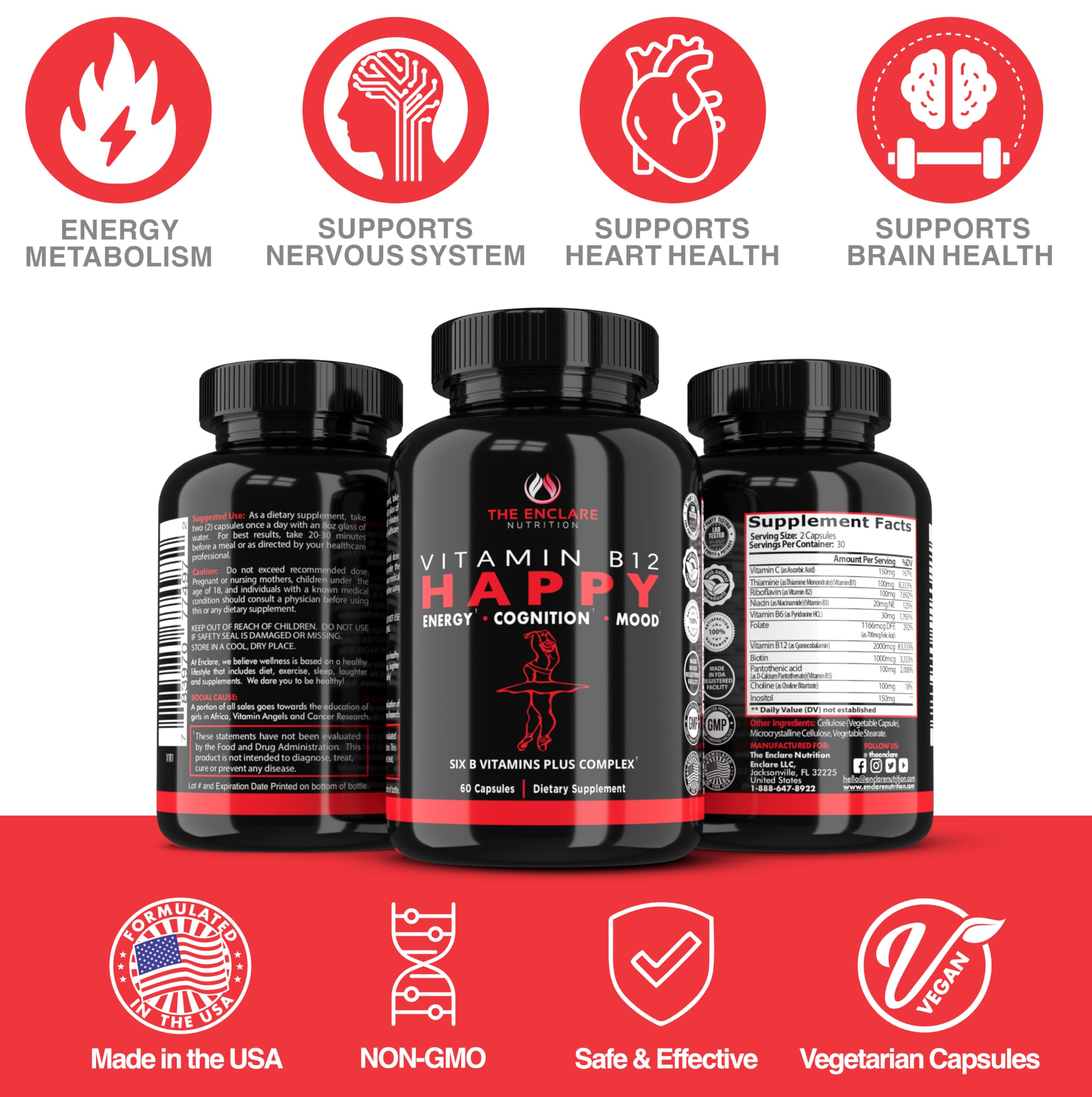 Assorted THE ENCLARE NUTRITION B12 B-Complex capsules in a tray