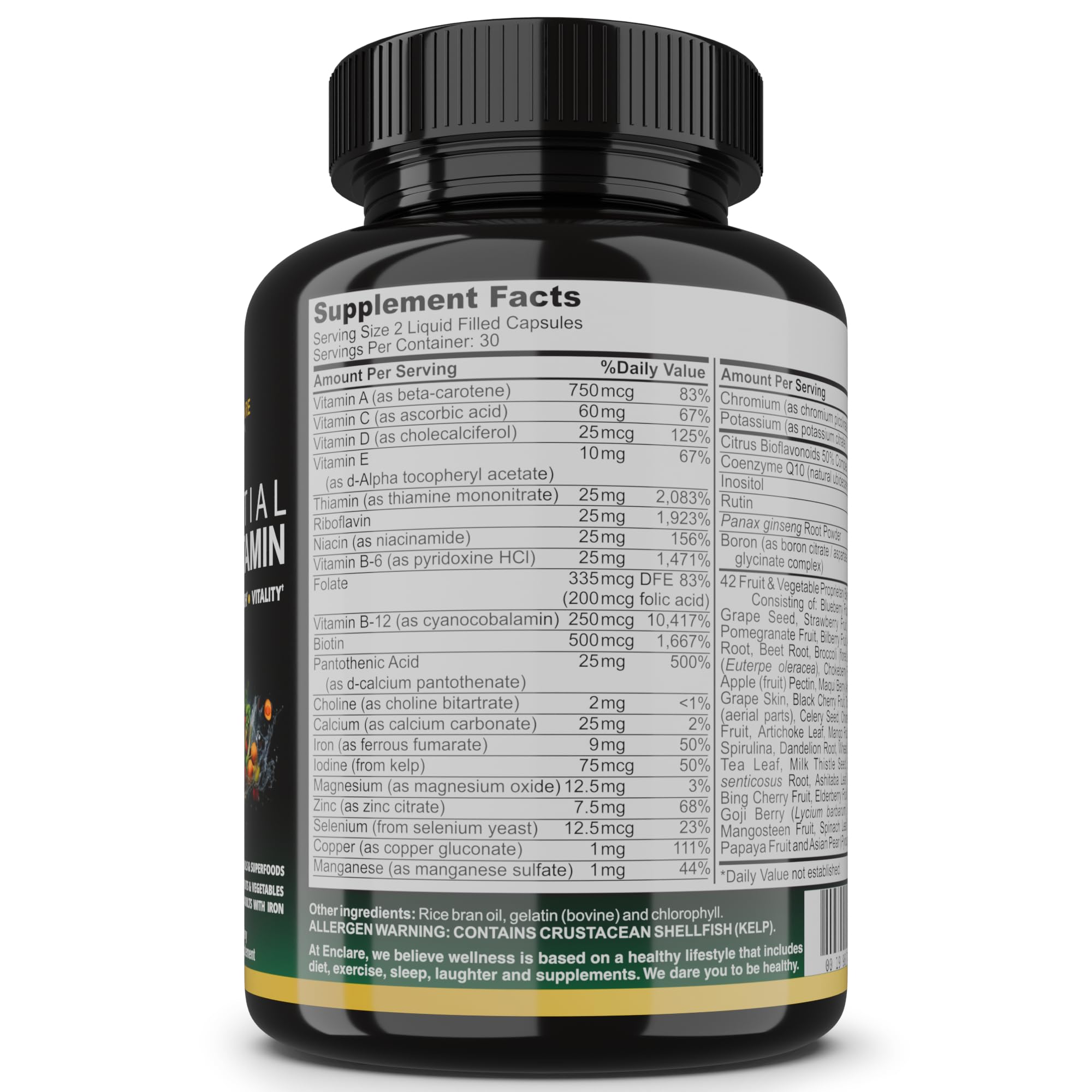Liquid capsules promote easy absorption for daily Enclare multivitamin use.