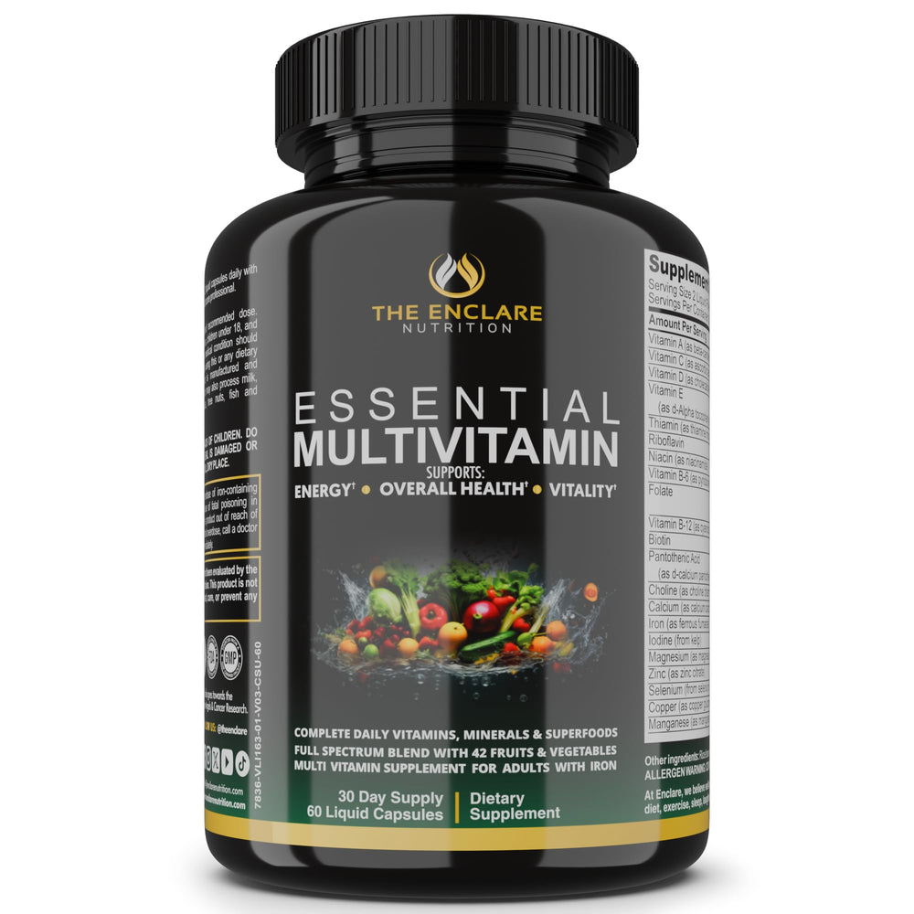 The Enclare Essential Multivitamin bottle signals steady daily nutrition for adults.