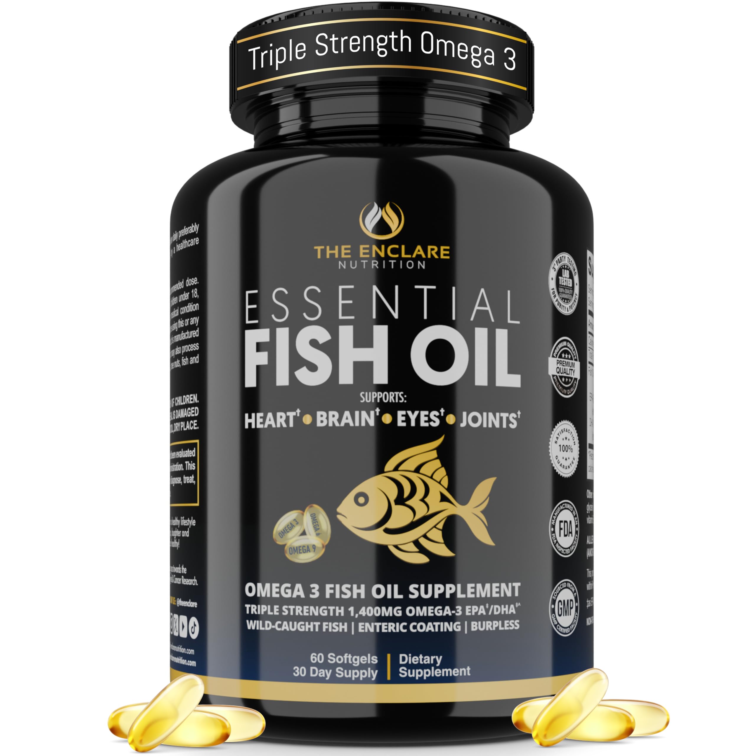 THE ENCLARE NUTRITION fish oil softgels bottle for burpless omega-3 supporting heart health.