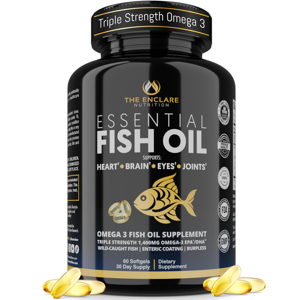 THE ENCLARE NUTRITION fish oil softgels bottle for burpless omega-3 supporting heart health.
