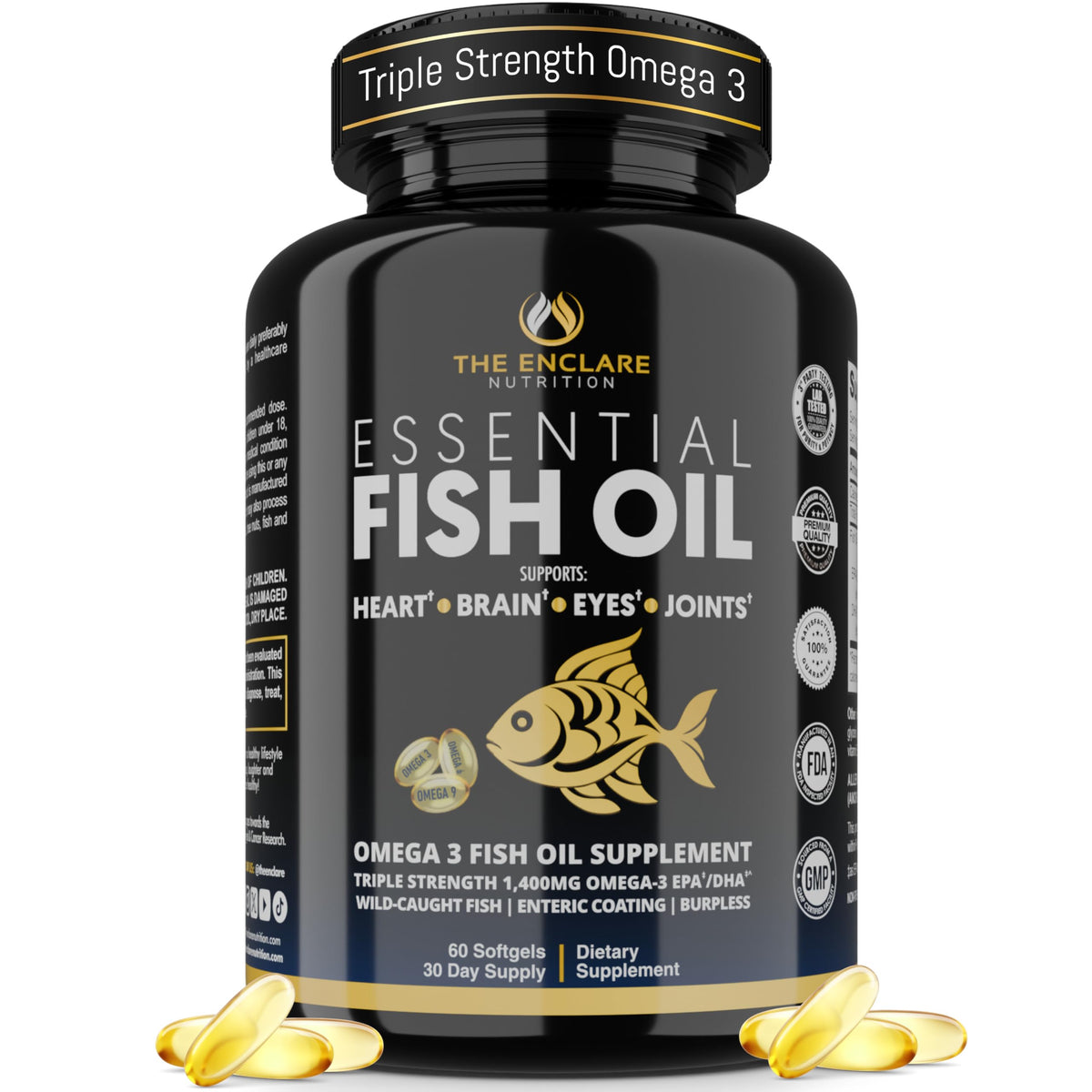 THE ENCLARE NUTRITION fish oil softgels bottle for burpless omega-3 supporting heart health.