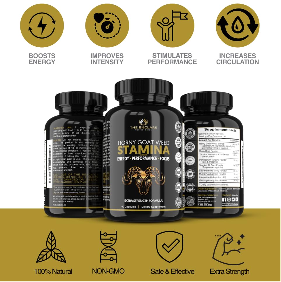 The Enclare Nutrition Horny Goat Weed with Maca root emphasizes balanced energy.
