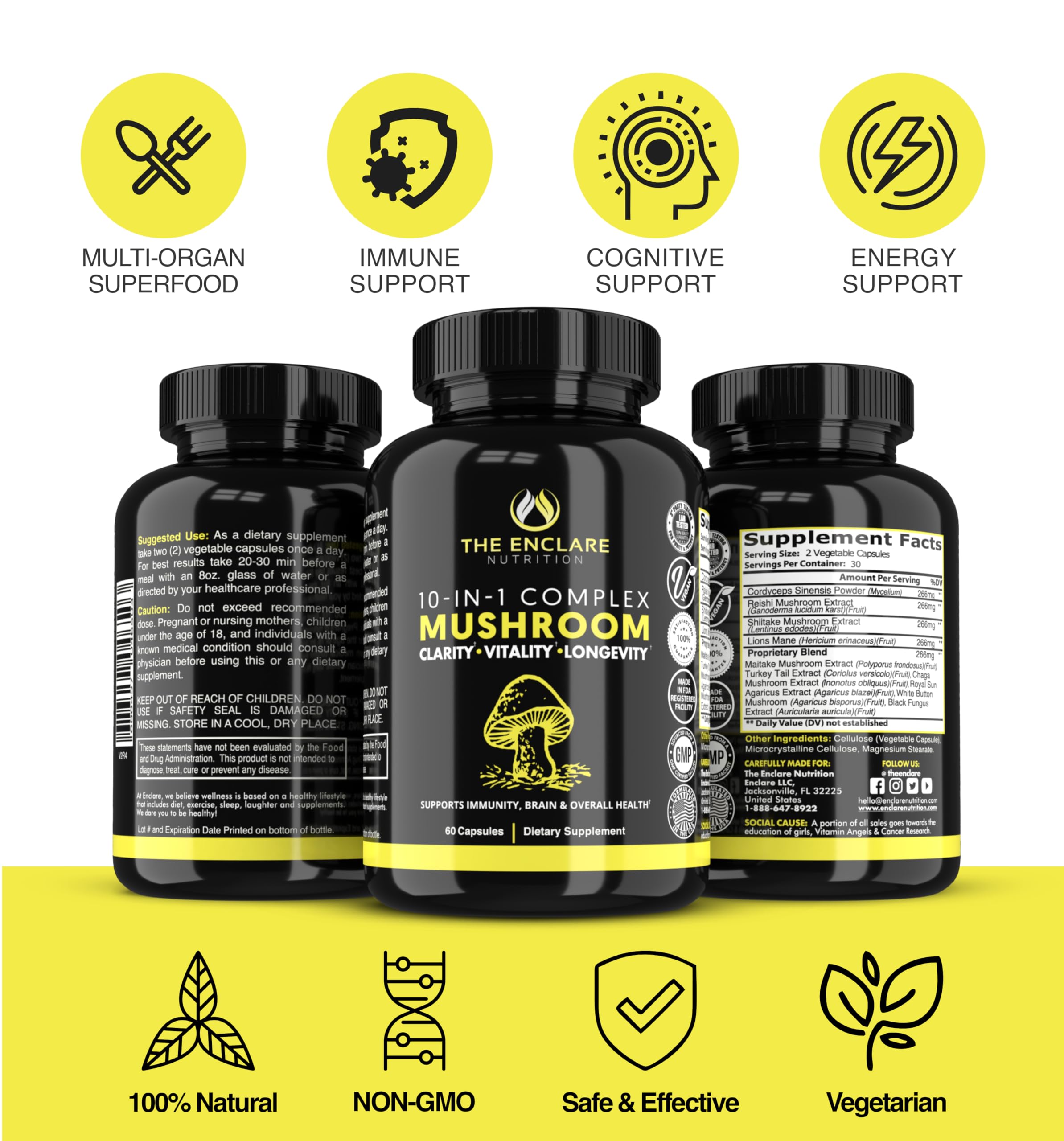 The Enclare Nutrition 10in1 immune mushrooms packshot — broad immune support potential.