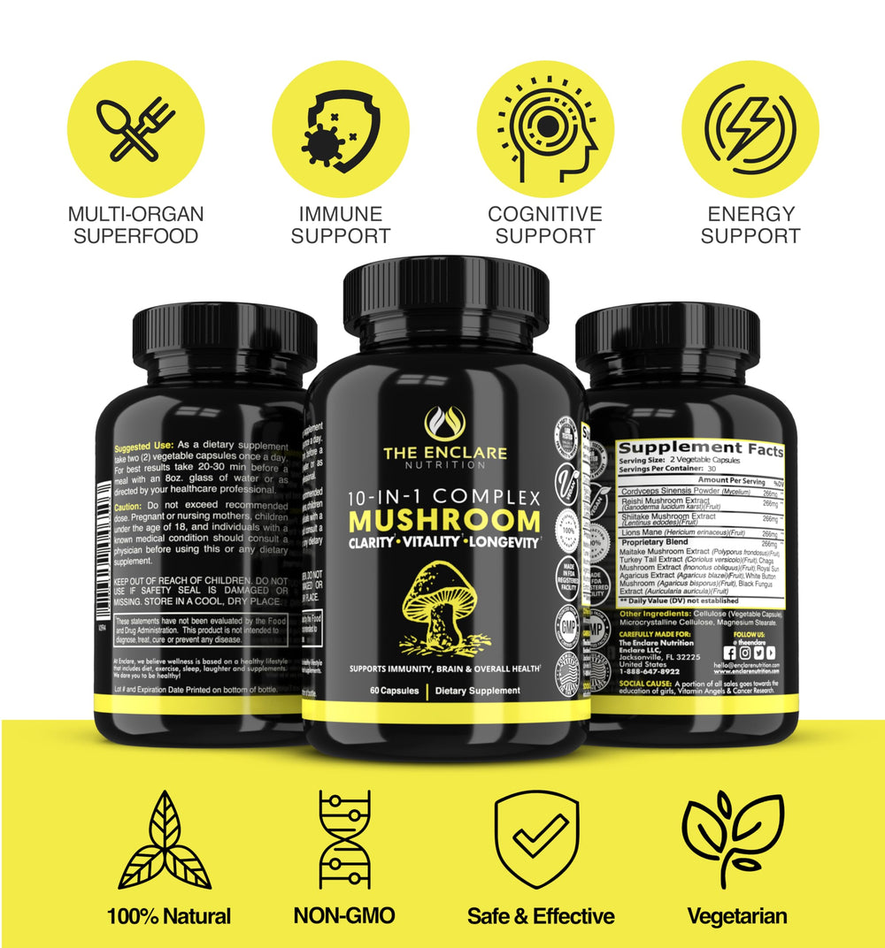 The Enclare Nutrition 10in1 immune mushrooms packshot — broad immune support potential.
