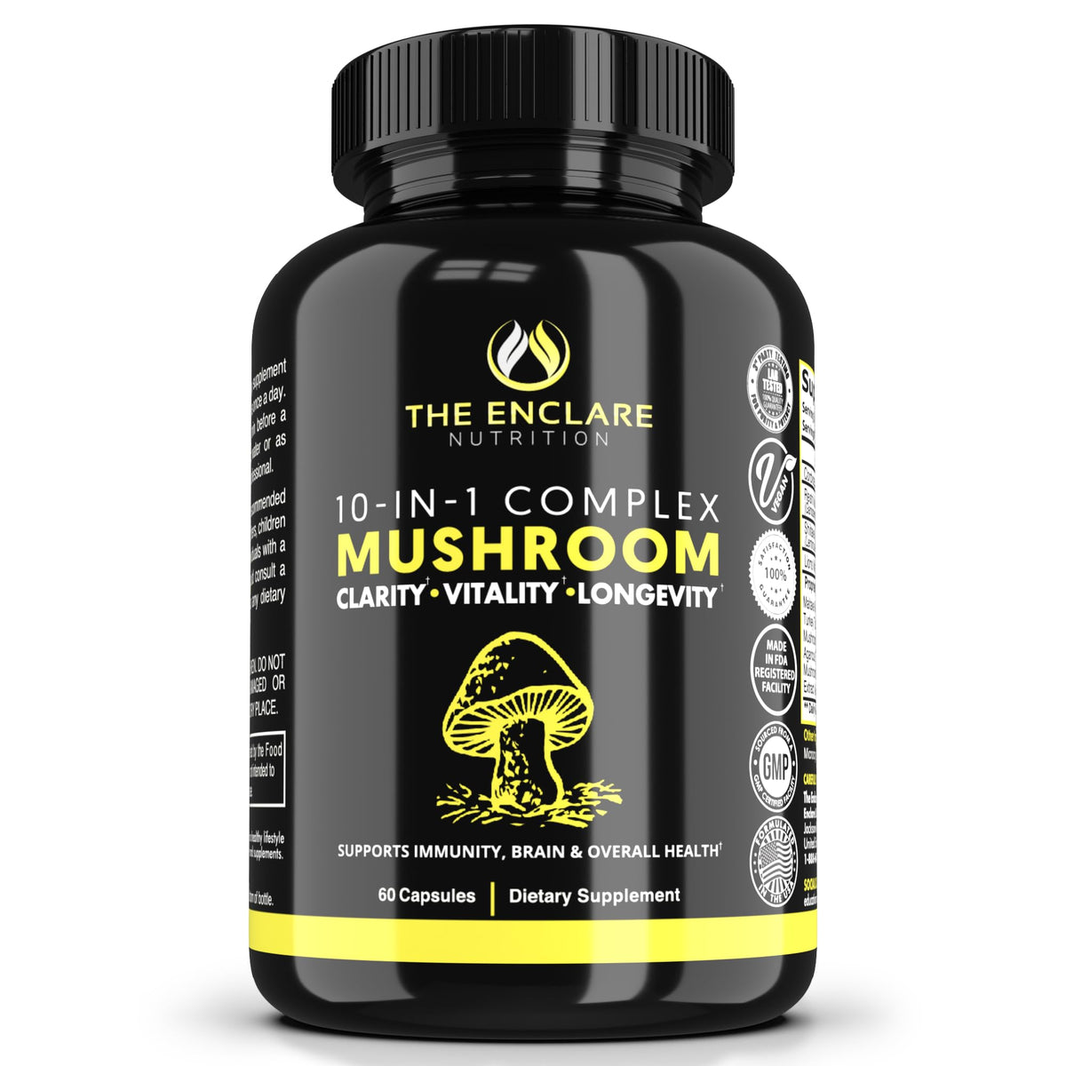 The Enclare Nutrition Mushroom 10in1 bottle label — immune support blend.