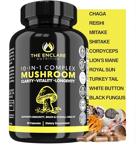 The Enclare Nutrition Mushroom 10in1 capsules close-up — cognitive focus potential.