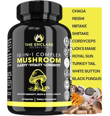 The Enclare Nutrition Mushroom 10in1 capsules close-up — cognitive focus potential.