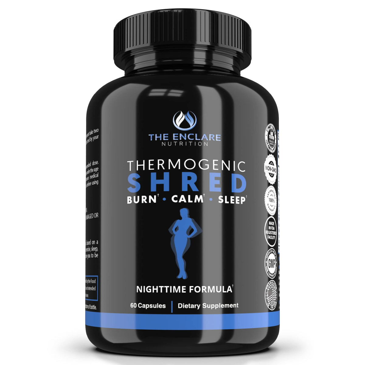 The Enclare Nutrition Thermogenic Shred capsules bottle supports nighttime fat burning.
