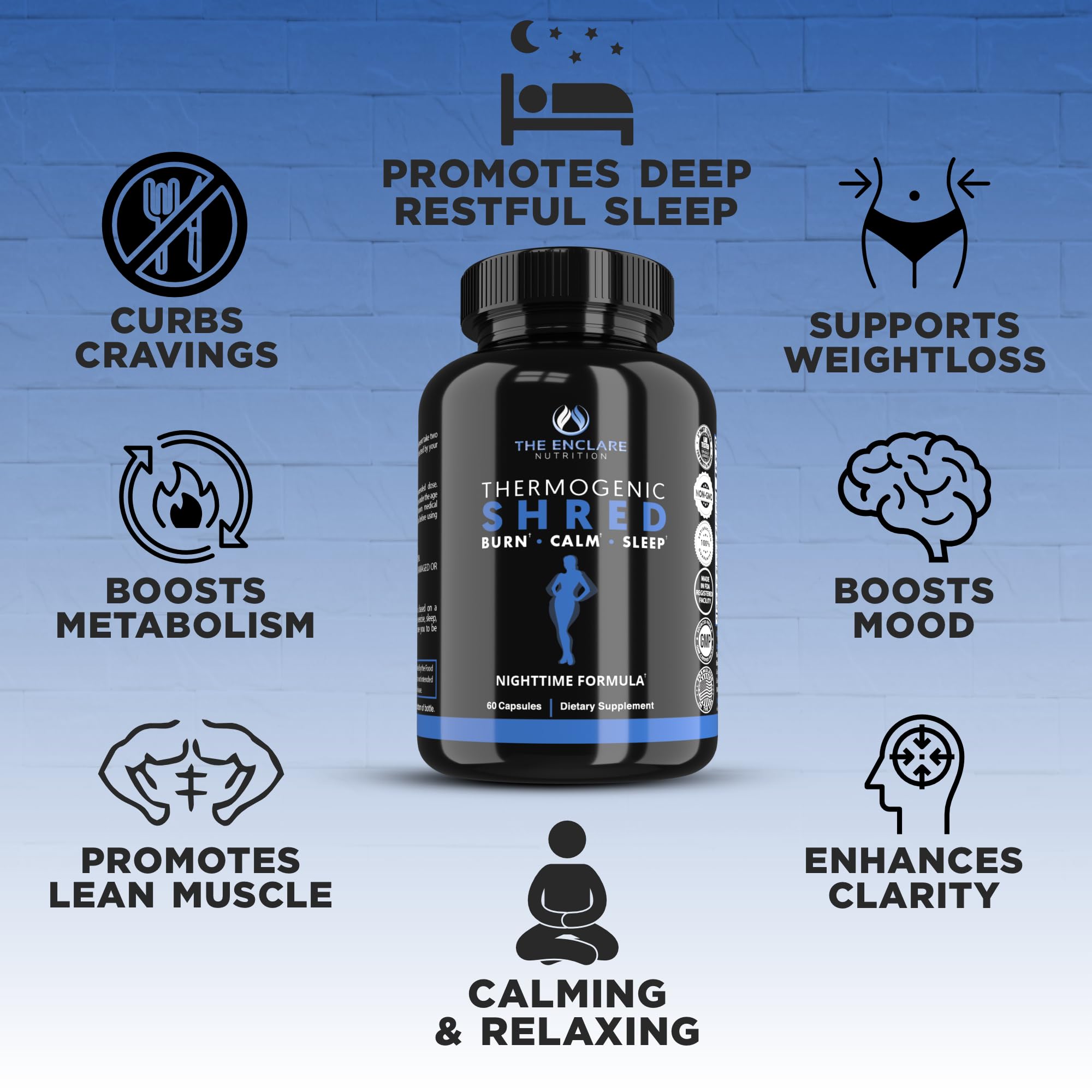 The Enclare Nutrition Thermogenic Shred label close-up signals quality and safety.