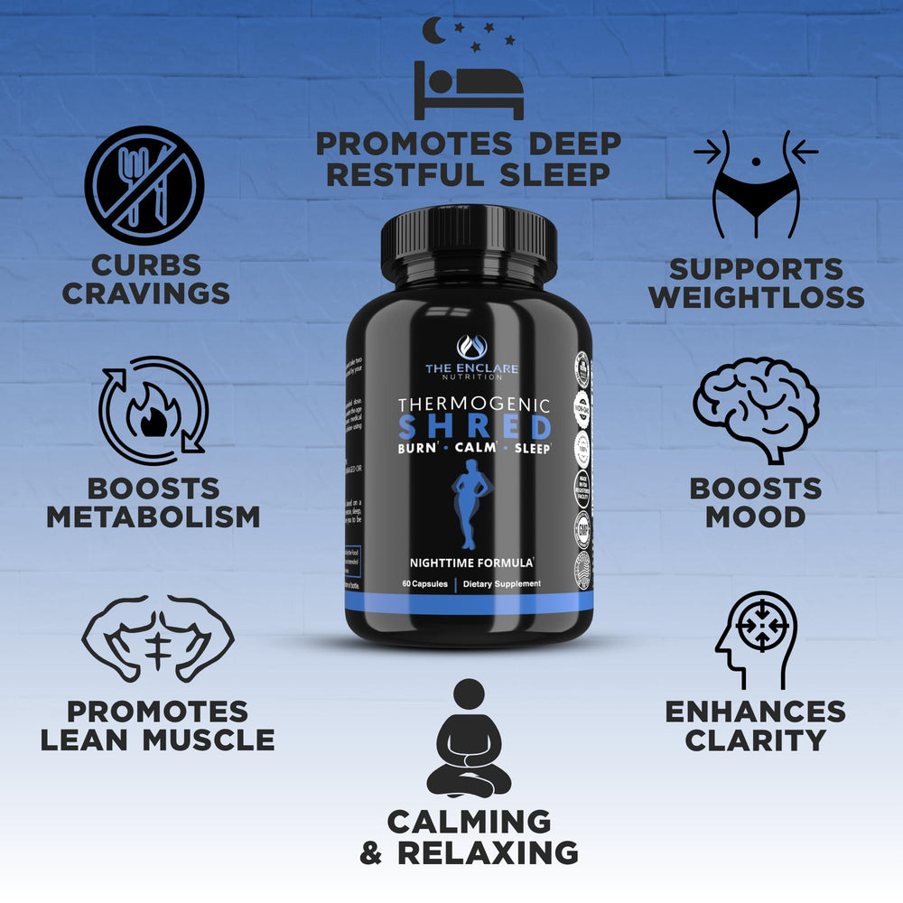 The Enclare Nutrition Thermogenic Shred label close-up signals quality and safety.