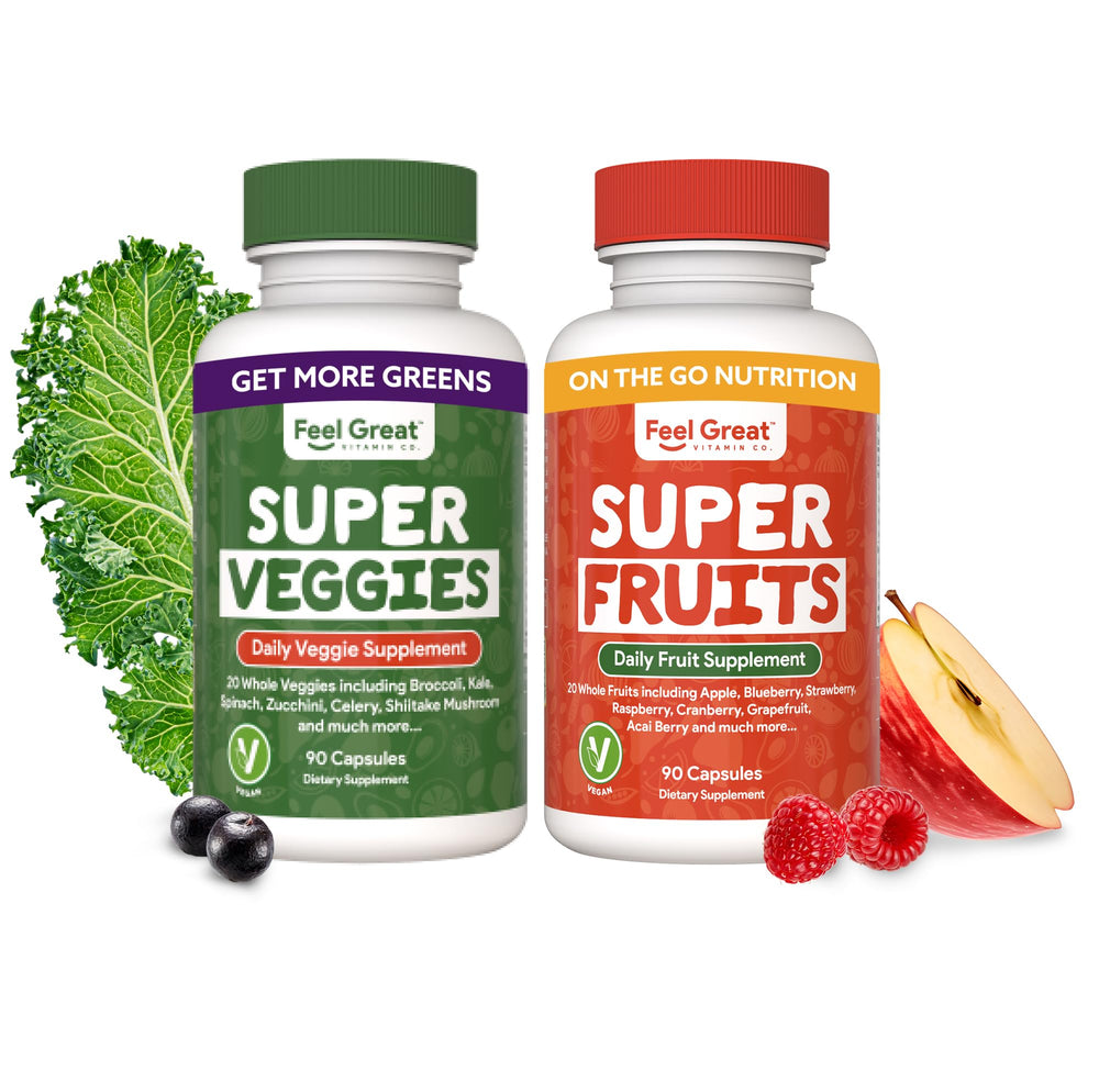 The Feel Great Vitamin Company fruit and vegetable supplement bottle with vibrant fruits for natural energy support.