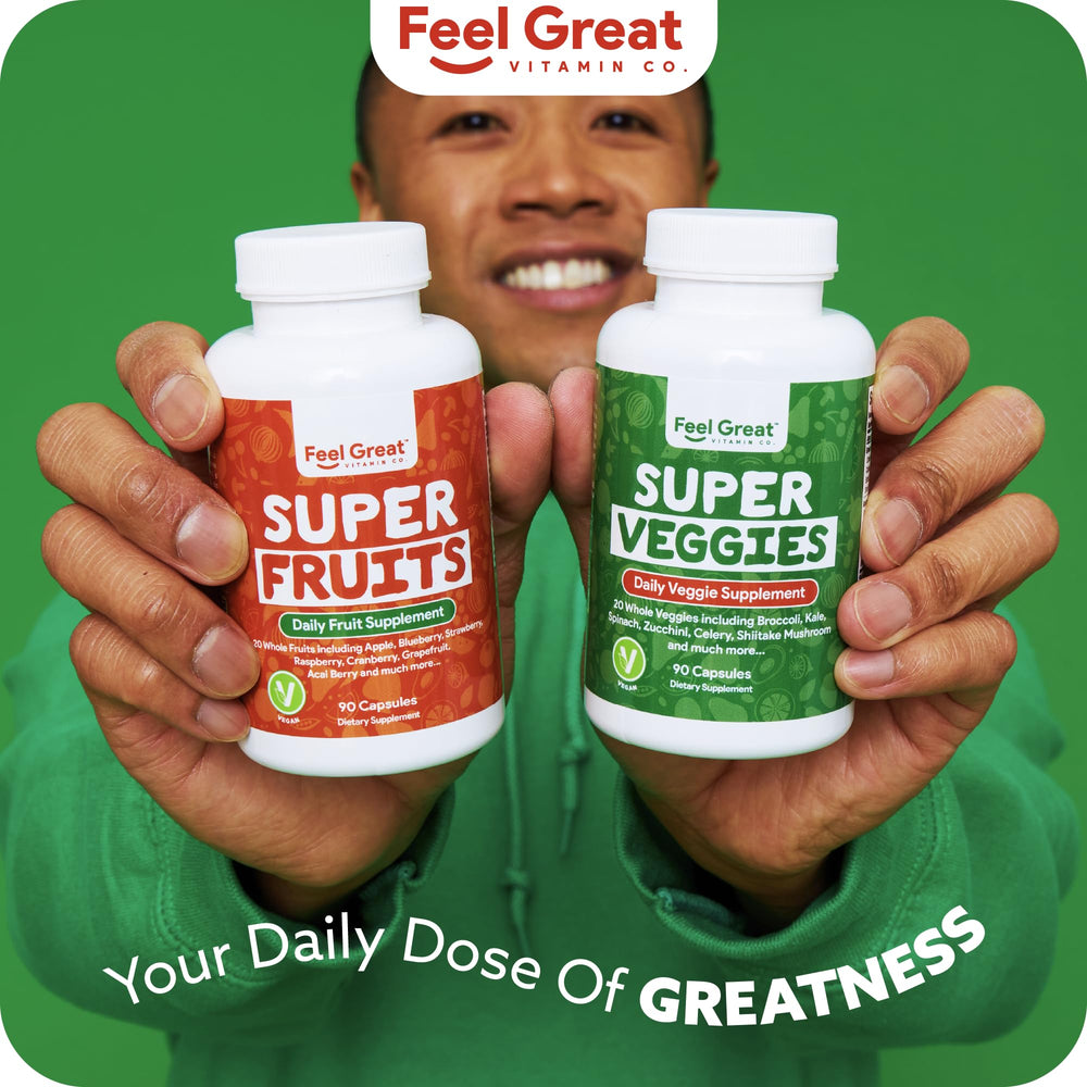 The Feel Great bottle close-up highlighting 20+ super reds and greens for daily wellness.