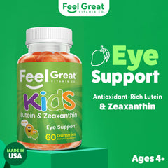The Feel Great Vitamin Company kids eyes gummies closeup highlight chewy texture and mango flavor.