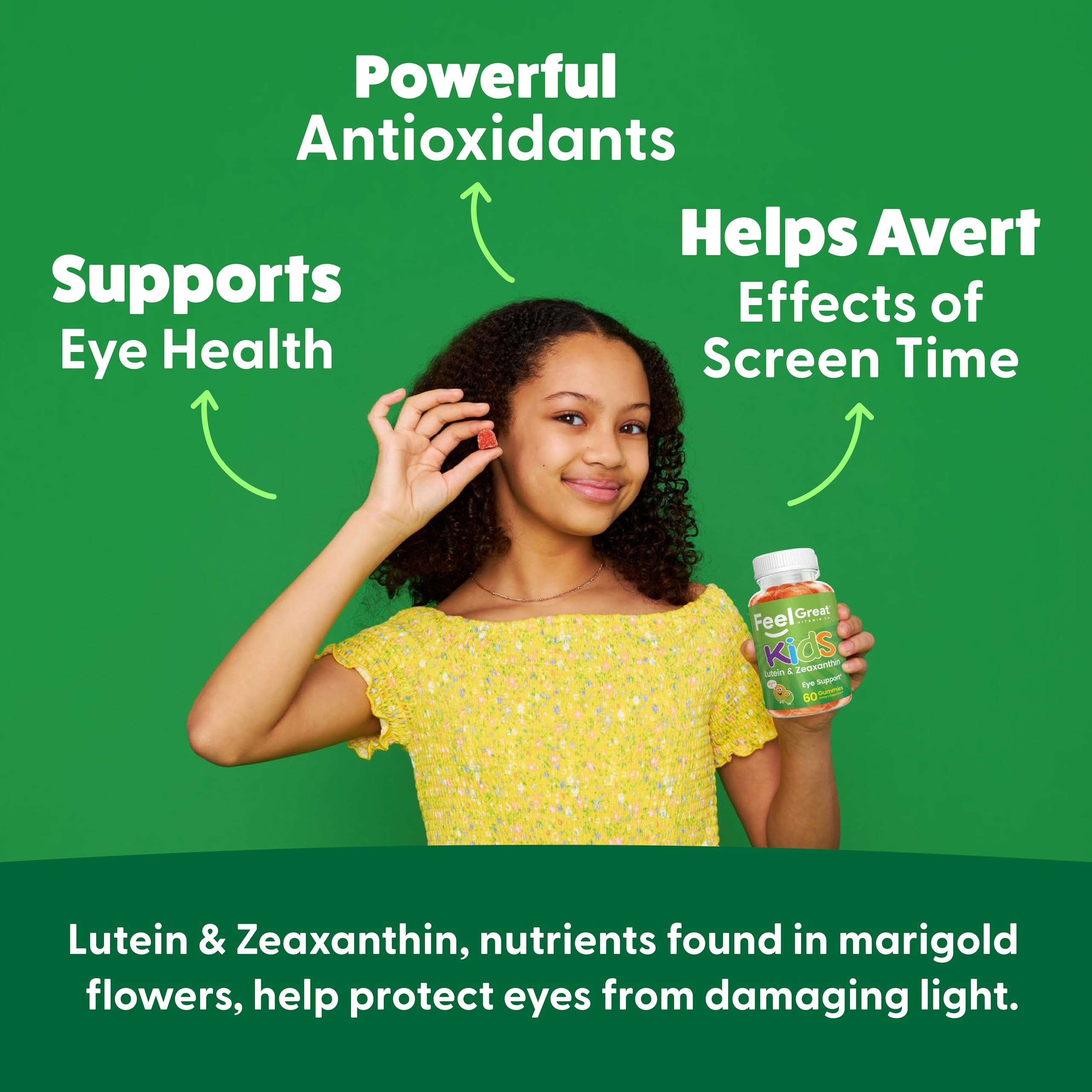 The Feel Great Vitamin Company kids eyes gummies mango flavor label showcases vegan formula.
