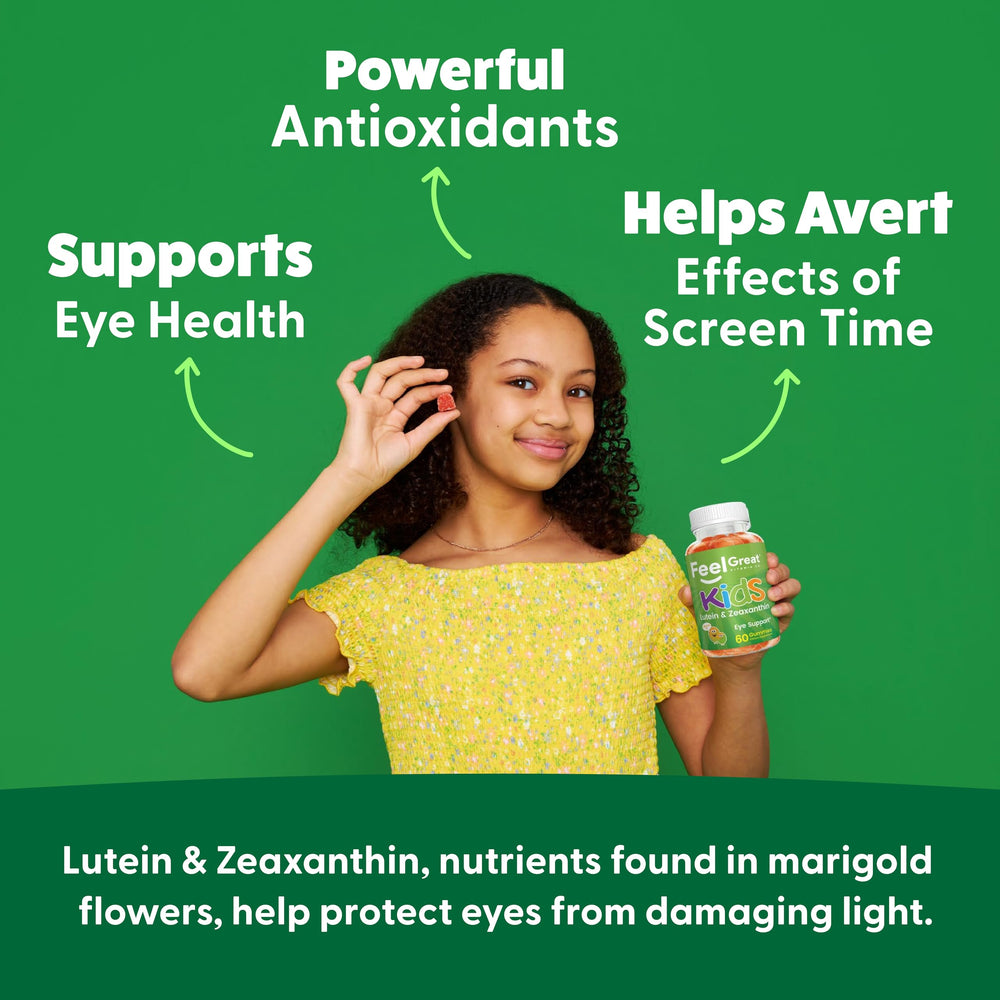 The Feel Great Vitamin Company kids eyes gummies mango flavor label showcases vegan formula.