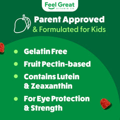 The Feel Great Vitamin Company lutein zeaxanthin dosage panel highlights eye nutrition.