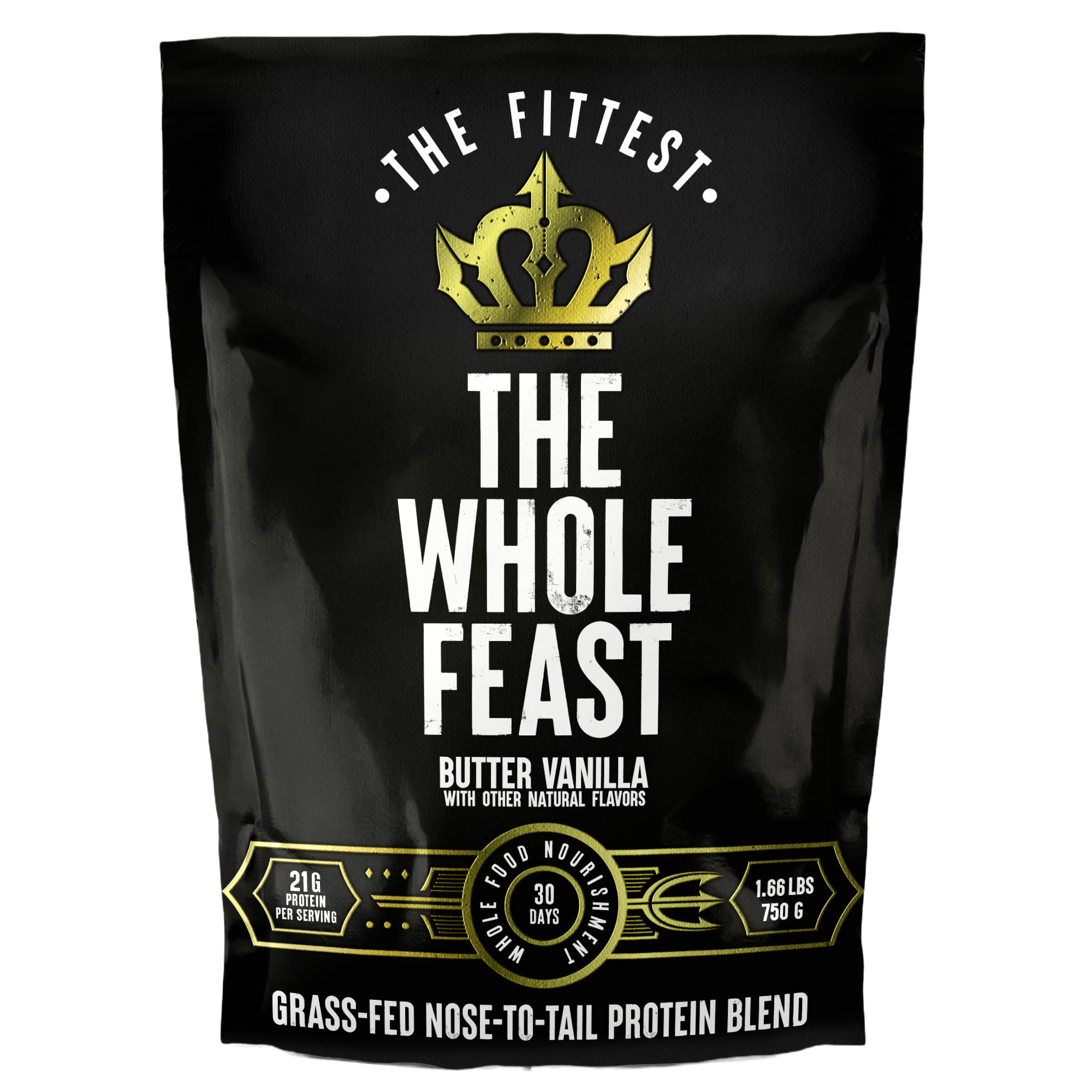 The Fittest Ever Whole Feast beef protein powder, vanilla butter, helps build lean muscle and recovery.