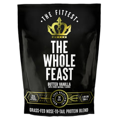 The Fittest Ever Whole Feast beef protein powder, vanilla butter, helps build lean muscle and recovery.