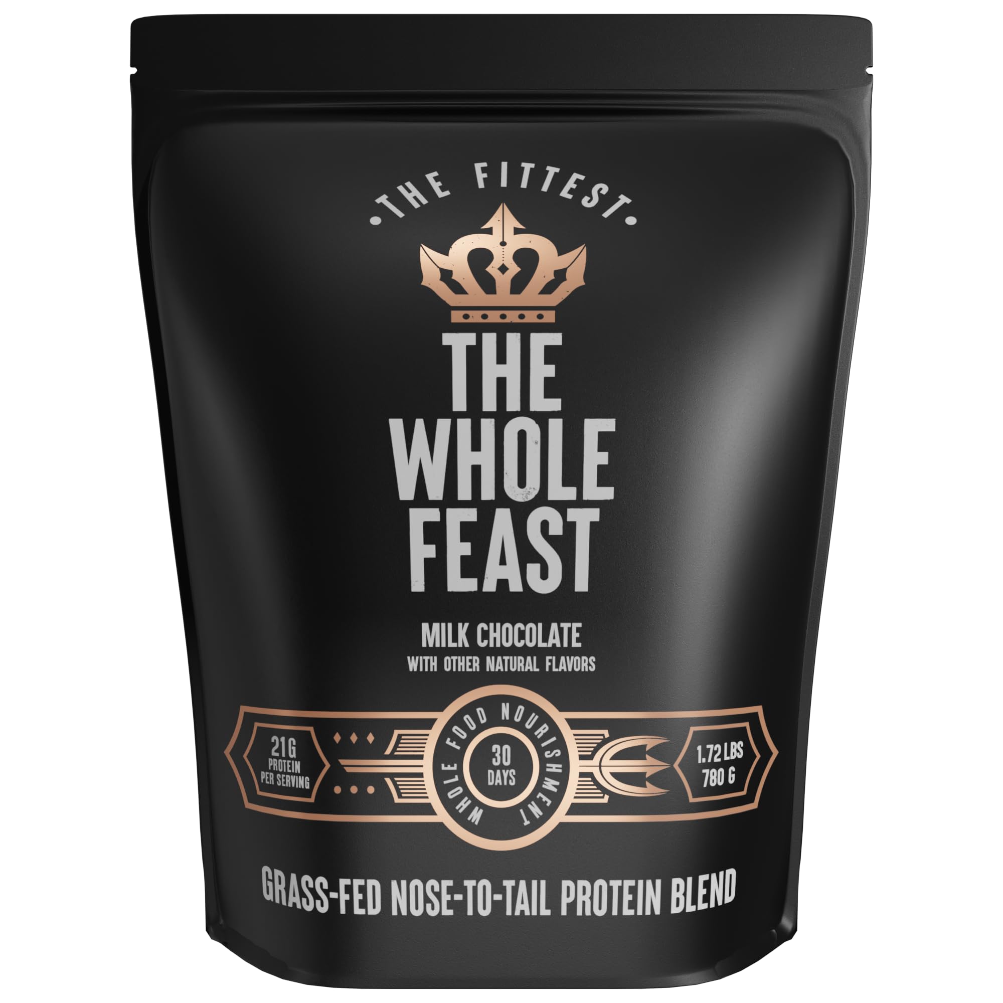 The Fittest Ever Whole Feast beef protein powder milk chocolate tub supports daily protein intake