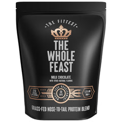 The Fittest Ever Whole Feast beef protein powder milk chocolate tub supports daily protein intake