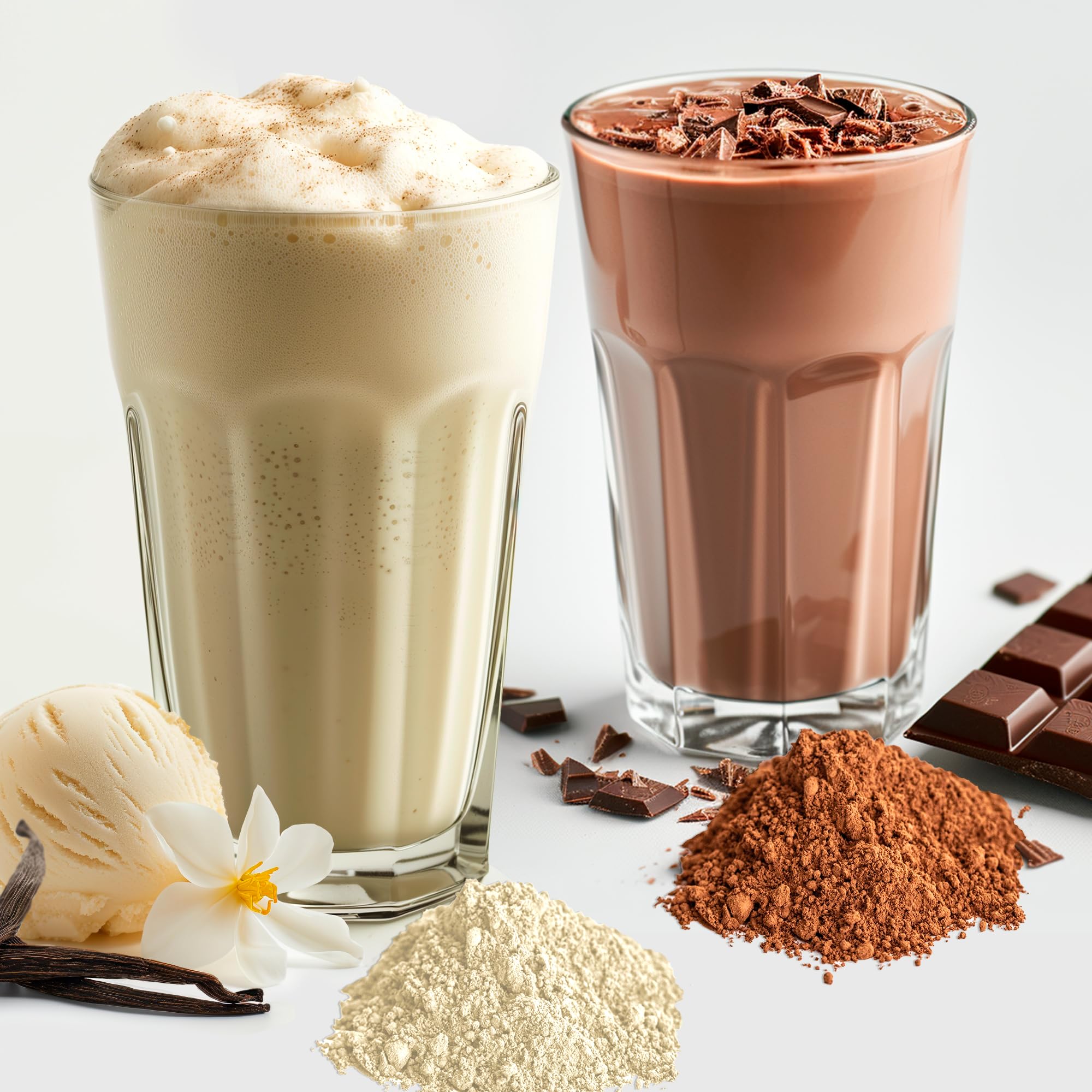 Butter vanilla flavor powder shown with a smoothie, smooth mixing and convenient serving.
