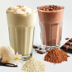 Butter vanilla flavor powder shown with a smoothie, smooth mixing and convenient serving.