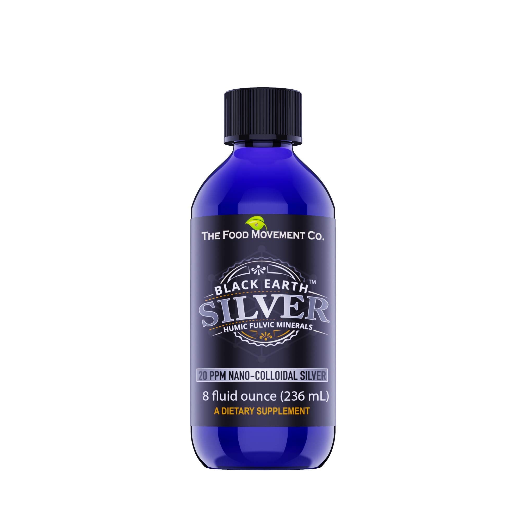 The Food Movement Black Earth Silver bottle highlights ready-to-use liquid drops for daily wellness.