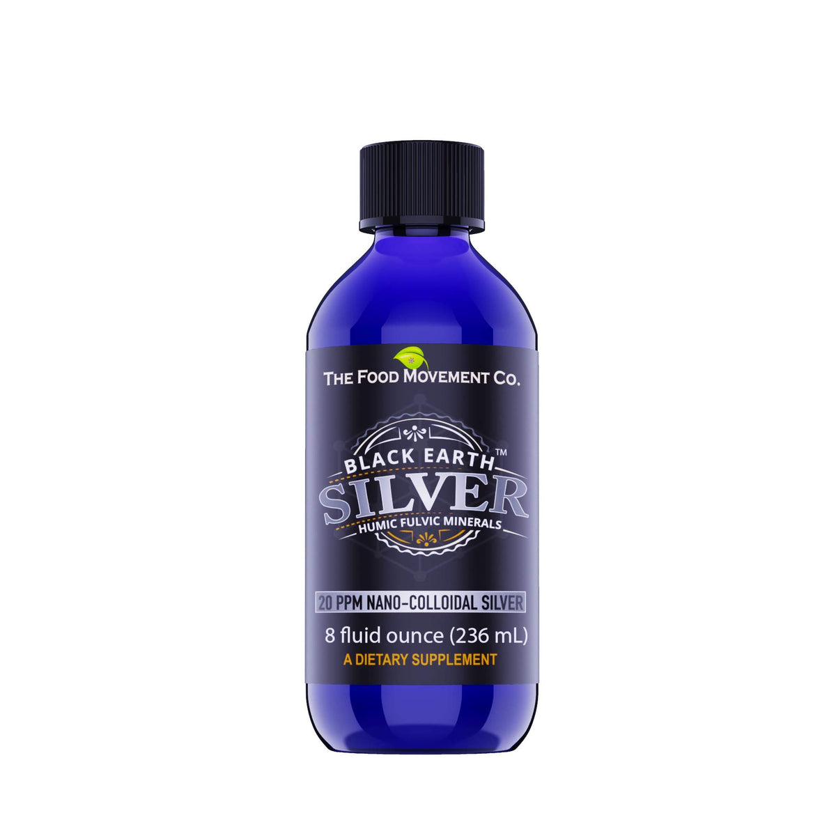 The Food Movement Black Earth Silver bottle highlights ready-to-use liquid drops for daily wellness.