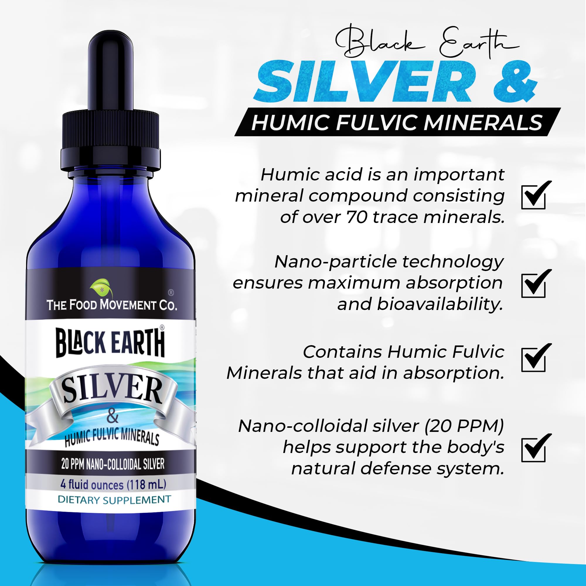 The Food Movement Black Earth Silver label close-up emphasizing ingredients and dosage guidance.
