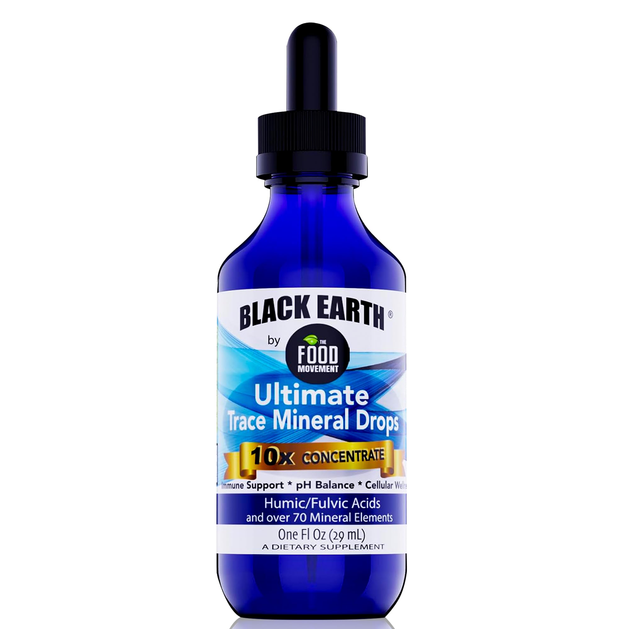 The Food Movement Co. Black Earth bottle front highlighting non-GMO vegan mineral support.