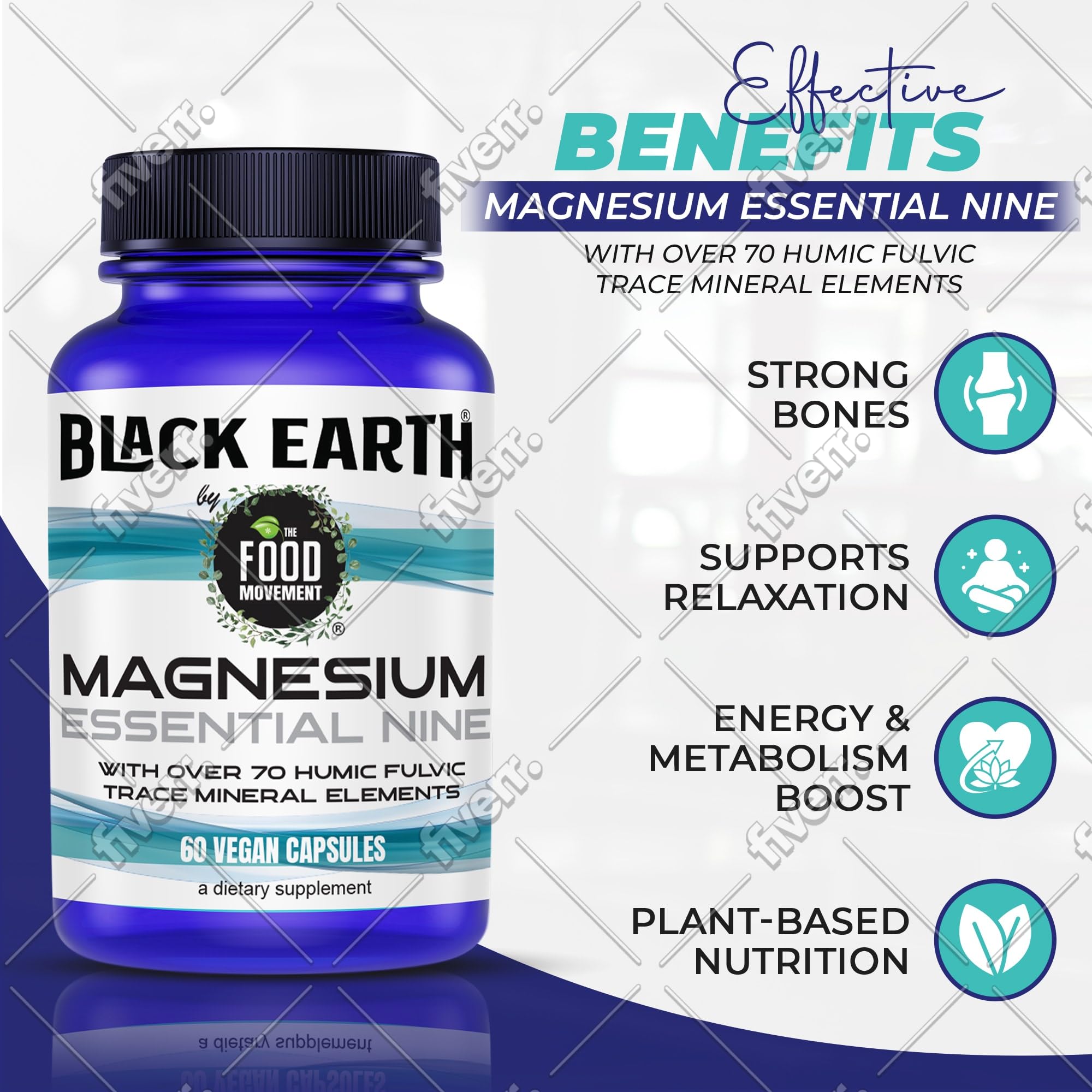 The Food Movement Co. bottle pour of Black Earth Magnesium Essential Nine for daily use
