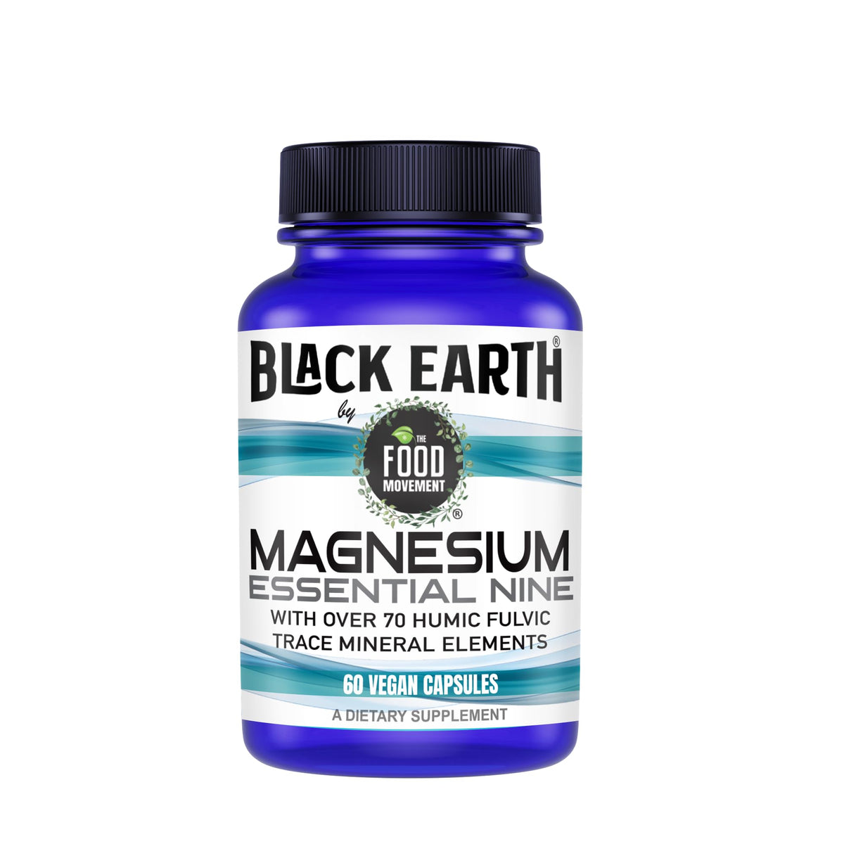 The Food Movement Co. Black Earth Magnesium Essential Nine bottle front view, supporting relaxation