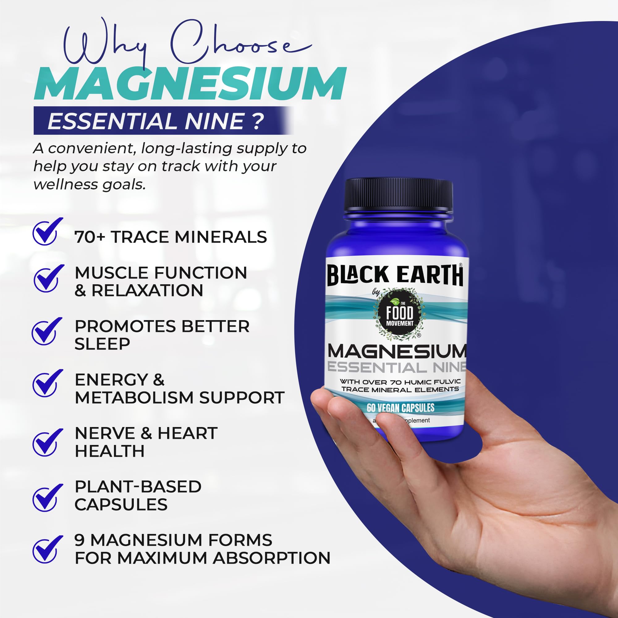 Capsules with spoon of Black Earth Magnesium Essential Nine indicating easy daily use
