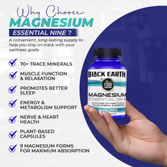 Capsules with spoon of Black Earth Magnesium Essential Nine indicating easy daily use