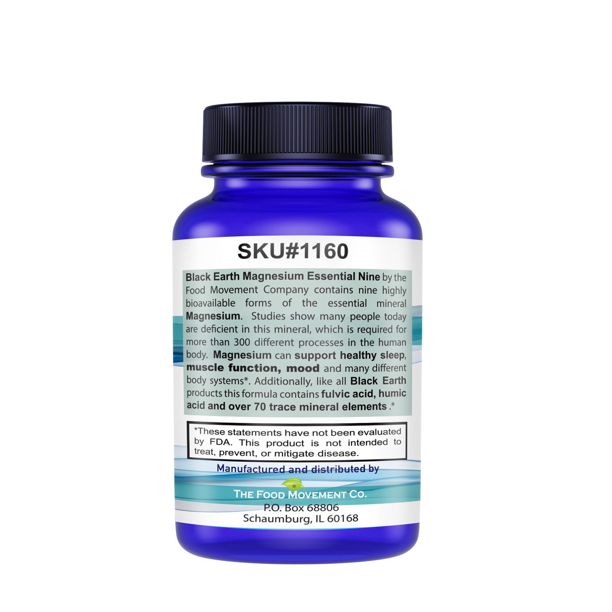 Packaging of The Food Movement Co. Black Earth Magnesium Essential Nine signals vegan, GMP quality