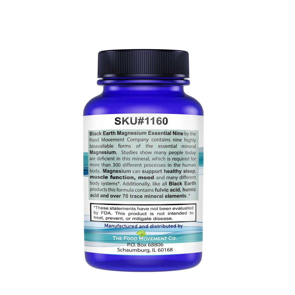 Packaging of The Food Movement Co. Black Earth Magnesium Essential Nine signals vegan, GMP quality