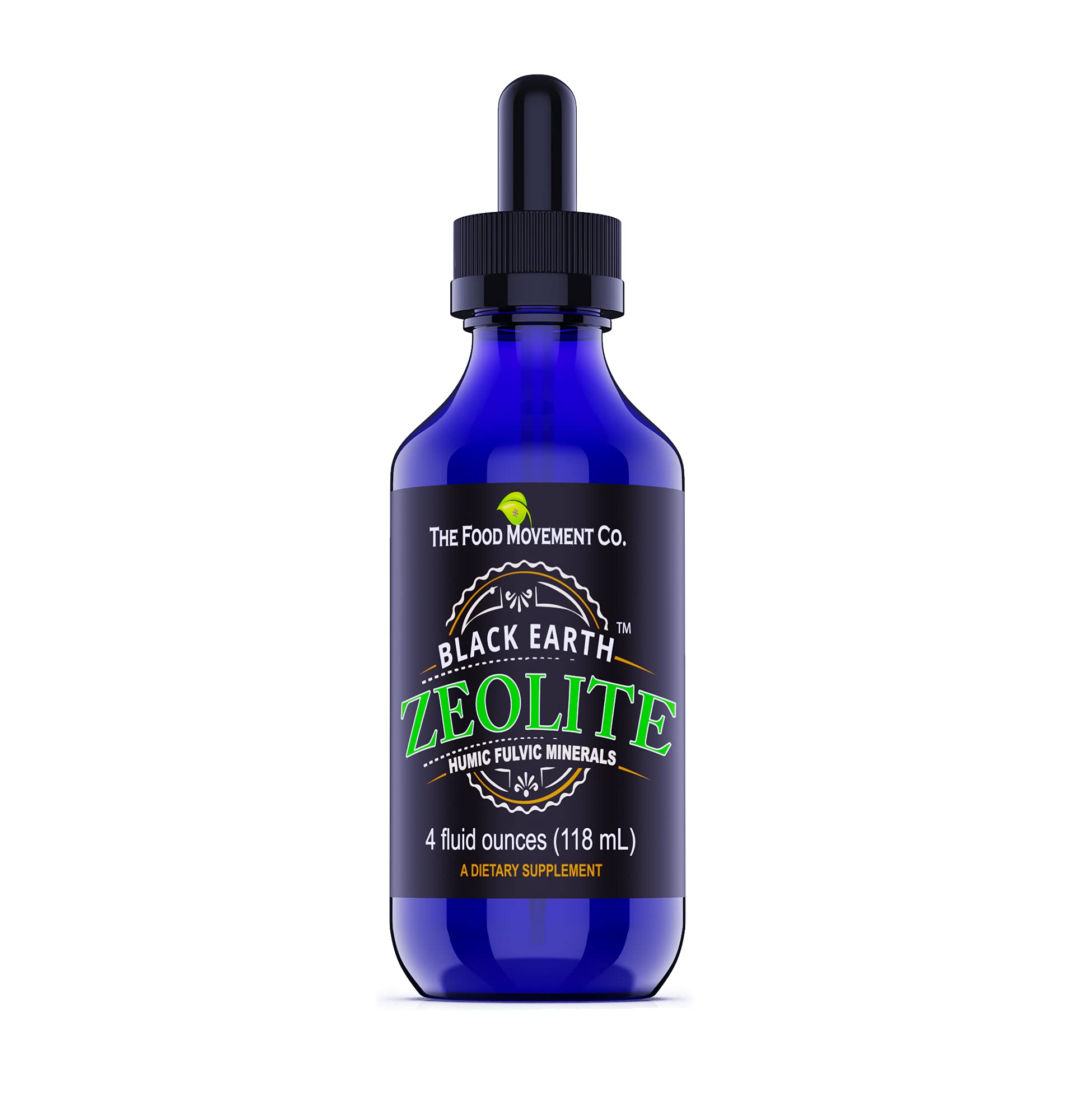 The Food Movement Co. Black Earth Zeolite liquid drops bottle for detox support.