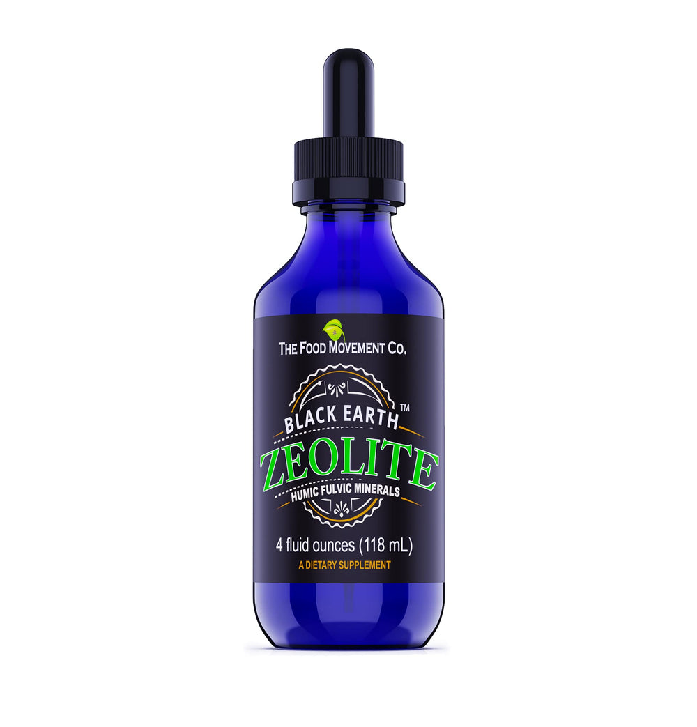 The Food Movement Co. Black Earth Zeolite liquid drops bottle for detox support.