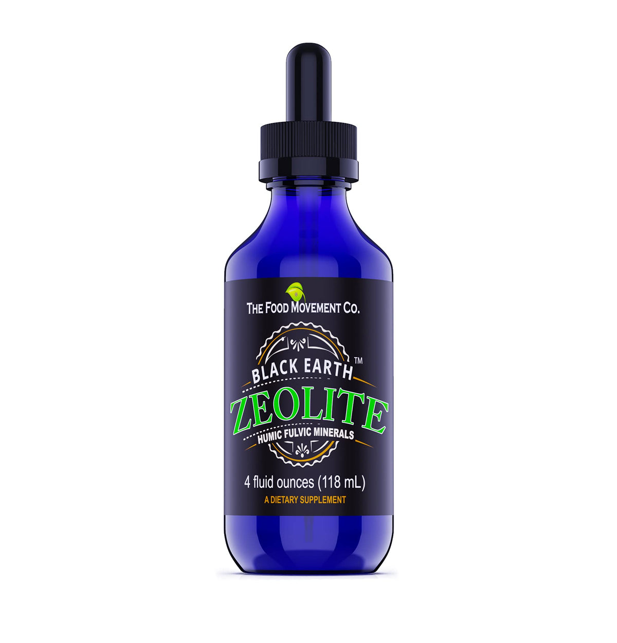 The Food Movement Co. Black Earth Zeolite liquid drops bottle for detox support.