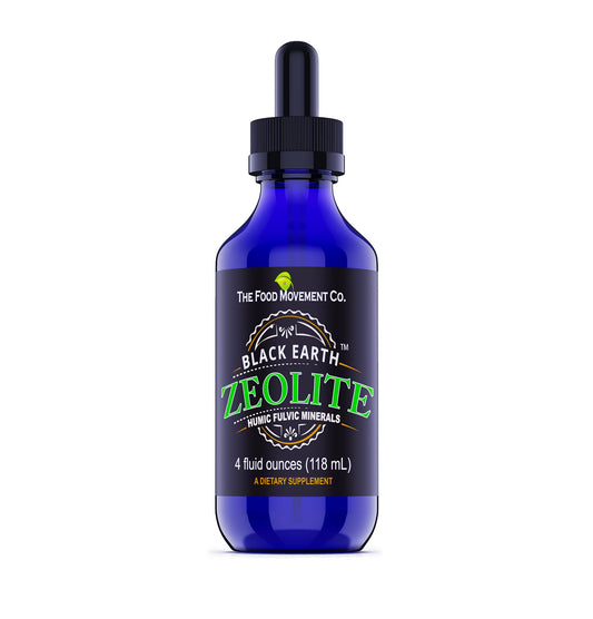 The Food Movement Co. Black Earth Zeolite liquid drops bottle for detox support.