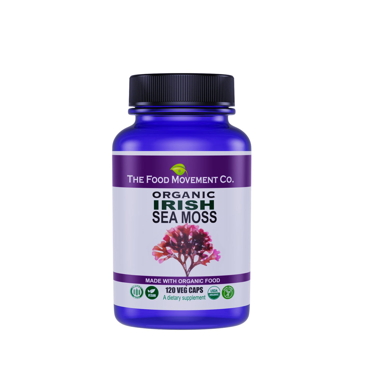 The Food Movement Co Irish Sea Moss bottle with label, rich in minerals for digestion support.