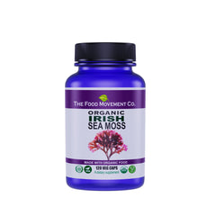 The Food Movement Co Irish Sea Moss bottle with label, rich in minerals for digestion support.