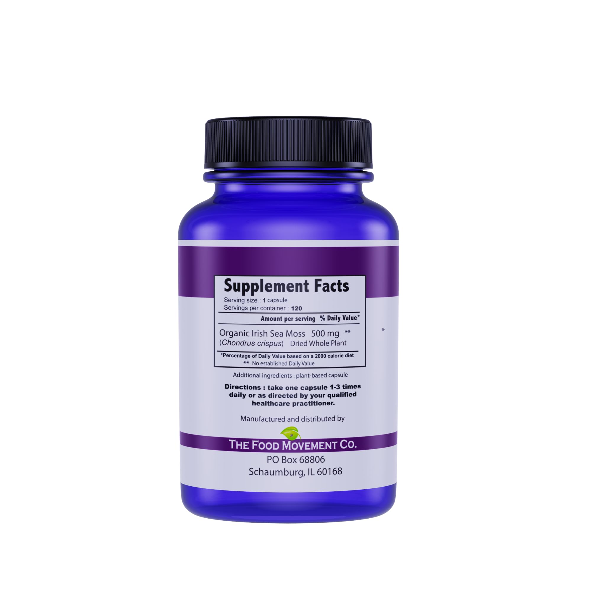 The Food Movement Co sea moss capsules pour, highlighting over 70 trace minerals.