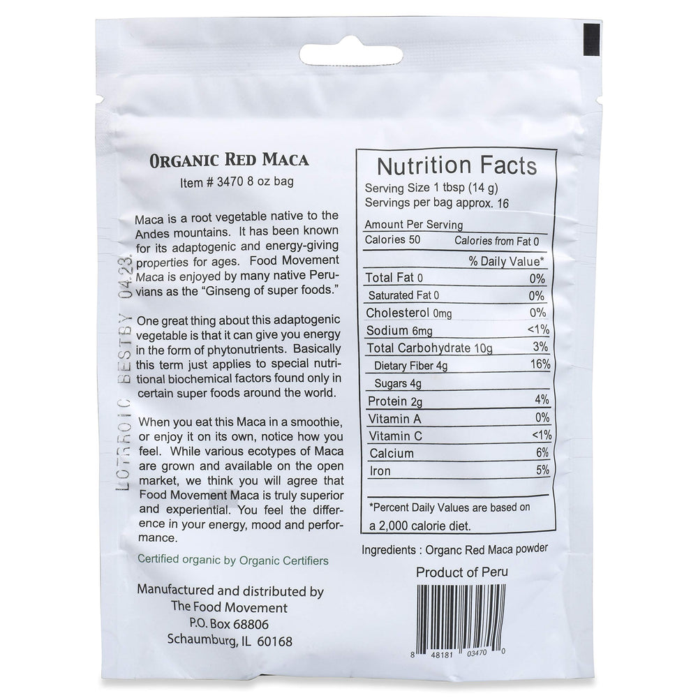 The Food Movement Co Red Maca powder pack from high-altitude Peru.